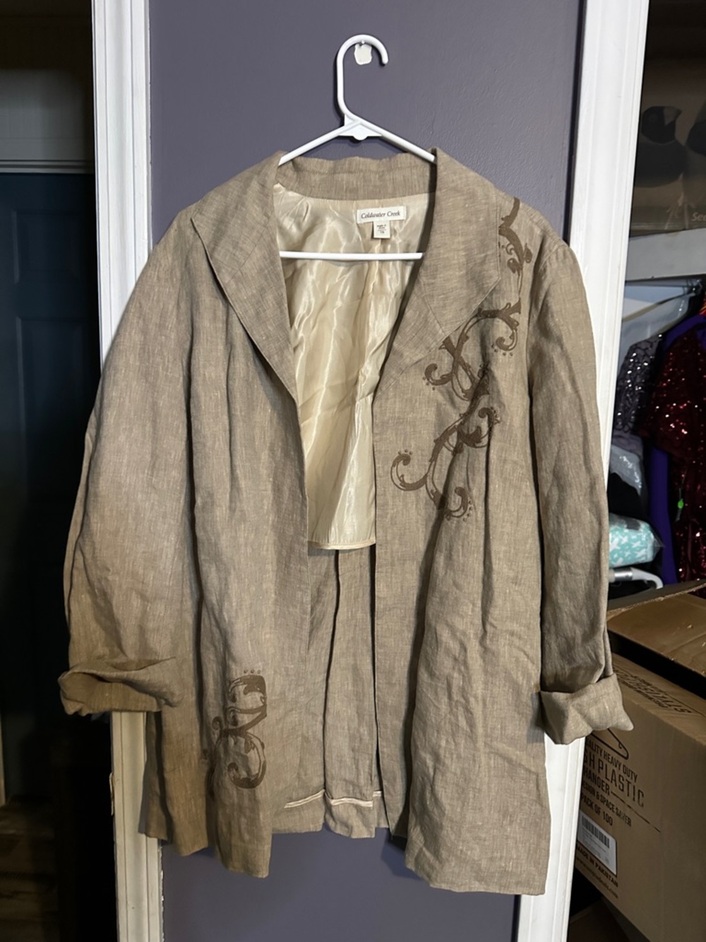 Coldwater Creek Taupe Embroidered Linen-Blend Open Jacket